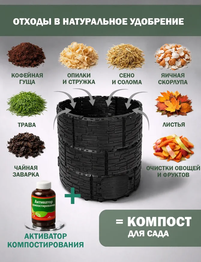 Компостер садовый «Бастион» усиленный, черный (люк черный) с черной крышкой, 1210 л