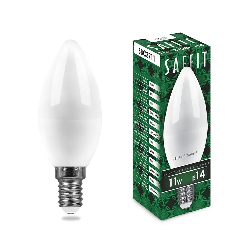 Лампа светодиодная 11W E14 230V 2700K 905Лм (желтый) Свеча (С37) SAFFIT, SBC3711