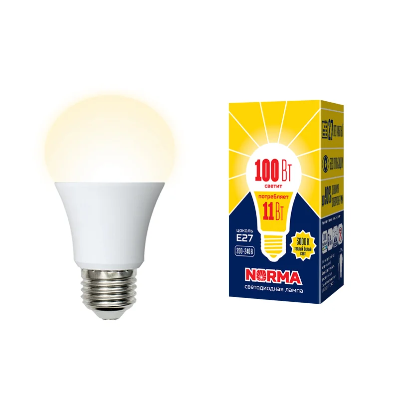 Лампа светодиодная 11W E27 220V 3000К 900Лм (теплый белый) Шар матовый (A60) Volpe Norma