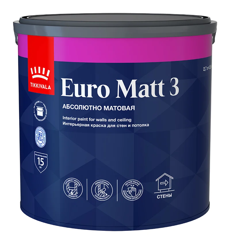 Краска ВД интерьерная глубокоматовая Tikkivala (Tikkurila) EURO MATT 3 База C 2,7л