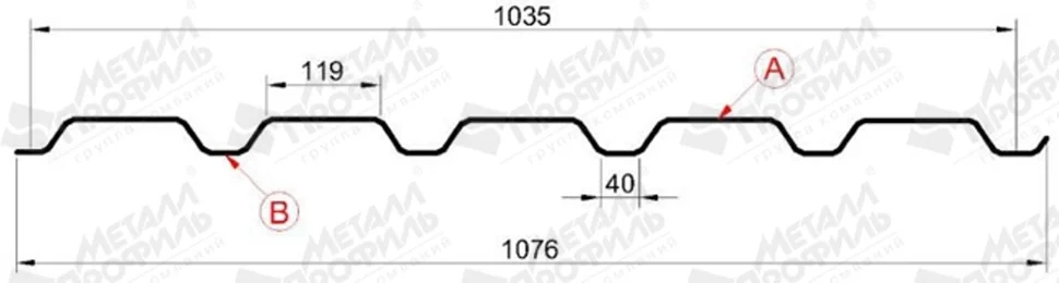 Профнастил "Металлпрофиль" МП-35(Тип), 0.45 мм, PE двухсторон RAL ** , 1.076 * м2