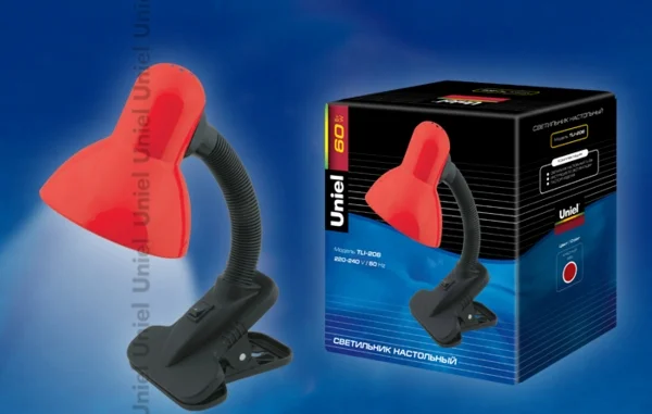 Лампа настольная на прищепке Uniel TLI-206 красный, 60W Е27 (коробка)