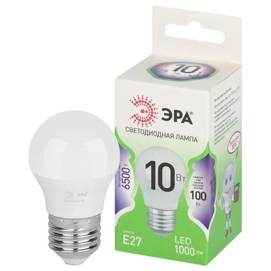 Лампа светодиодная 10W E27 220V 6500К 1000Лм (холодный) Шарик (P45) ЭРА, GREEN LINE LED P45-10W-865-E27 GL
