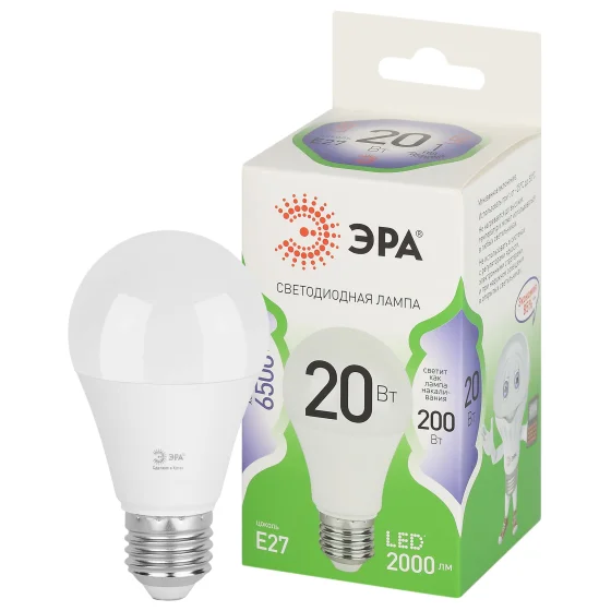 Лампа светодиодная 20W E27 220V 6500К 2000Лм (холодный) Груша (A60) ЭРА, GREEN LINE LED A60-20W-865-E27 GL