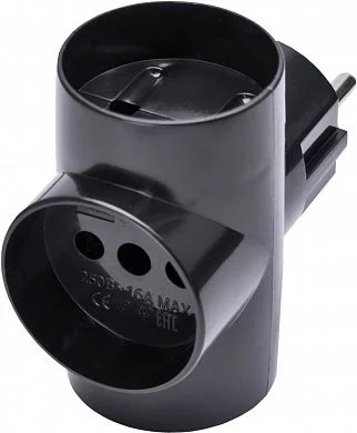 Тройник 3 гнезда, с зазeмлением, 250V,10A, IP20, черный (ADP10-15-20) Feron