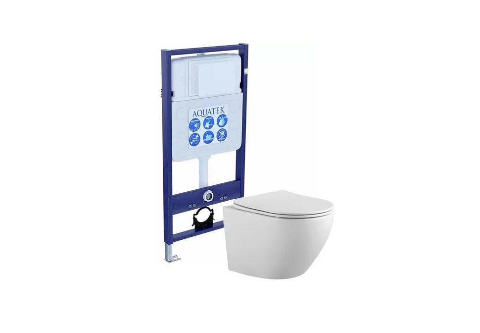 Унитаз подвесной AQUATEK ЕВРОПА безободковый (AQ1901-00) 525*360*320мм с инсталляцией, с тонким сиденьем микролифт, без крепежа, без кнопки