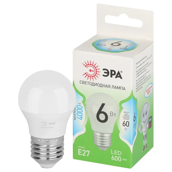 Лампа светодиодная 6W E27 220V 4000К 600Лм (белый) Шарик (P45) ЭРА, GREEN LINE LED P45-6W-840-E27 GL