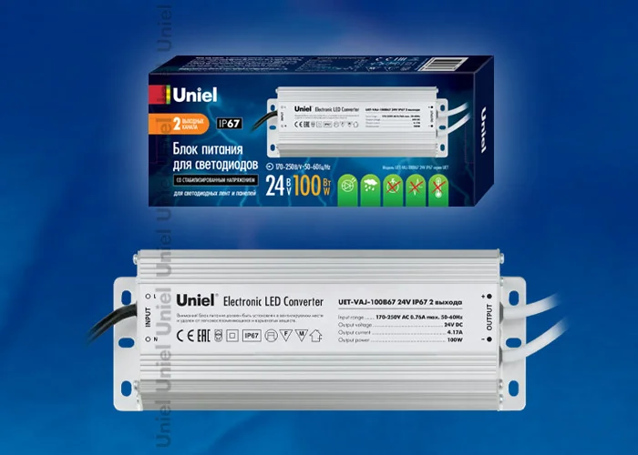 Блок питания 100Вт, 24В, IP67, 2 выхода Uniel UET-VAJ-100B67