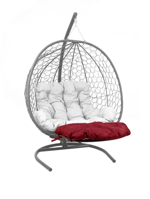 Подставка для ног на кресло подвесное для двоих, с ротангом черное, бордовая подушка