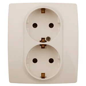 Розетка 2-местная СП Эра12 2X2P+E Schuko с заземлением, со шторками, слоновая кость (16АХ-250В), арт.12-2104-02