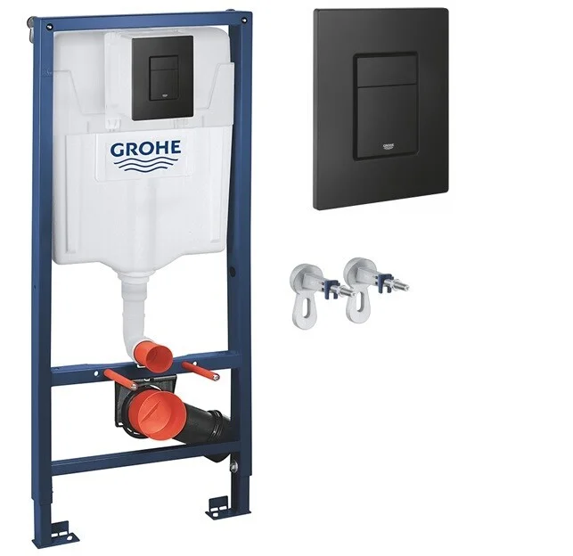 Инсталляция GROHE Solido 3 в 1 для подвесного унитаза, с накладной панелью Even, матовый черный, с крепежом в сборе