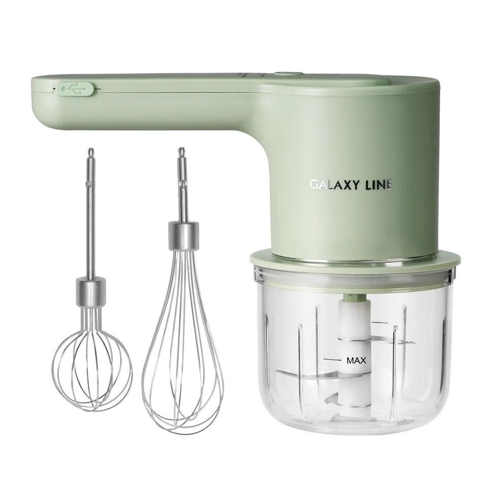 Миксер аккумуляторный Galaxy LINE GL 2234, зеленый, ручной, 50 Вт, 5 скоростей, 3 насадки, пластик. чаша 300 мл, тип аккумулятора: Li-ion 1500 мА&#8226;ч