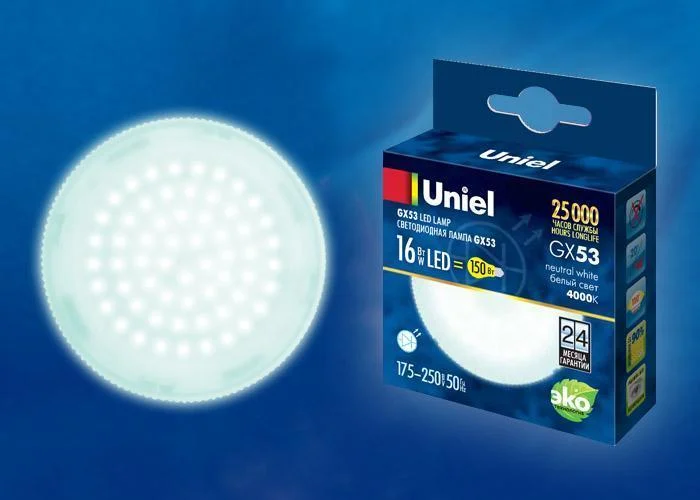 Лампа светодиодная 16W GX53 175-265V 4000К 140Лм (белый) Uniel, LED NW/FR PLZ01WH