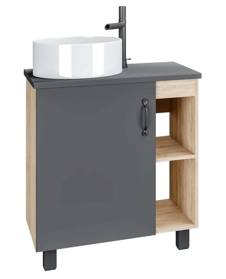 Комплект GROSSMAN: тумба Флай 70 дуб сонома/серая со столешницей МДФ Флай 70 серая и умывальником накладным D-410