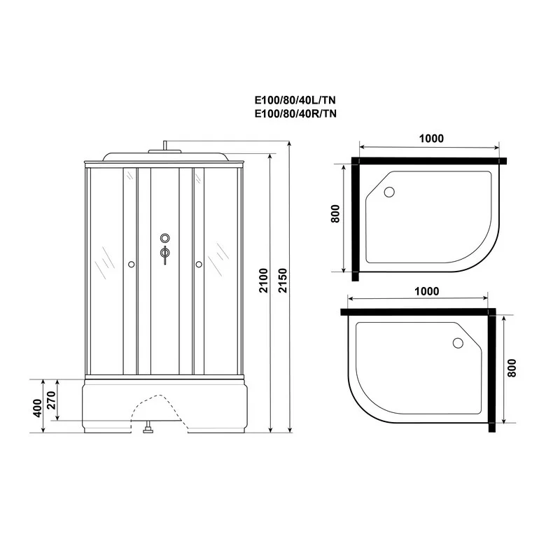 Кабина душевая NIAGARA Eco 1000х800х2150, высокий поддон (40 см), стекло ЧЕРНОЕ, арт.E100/80/40R/TN