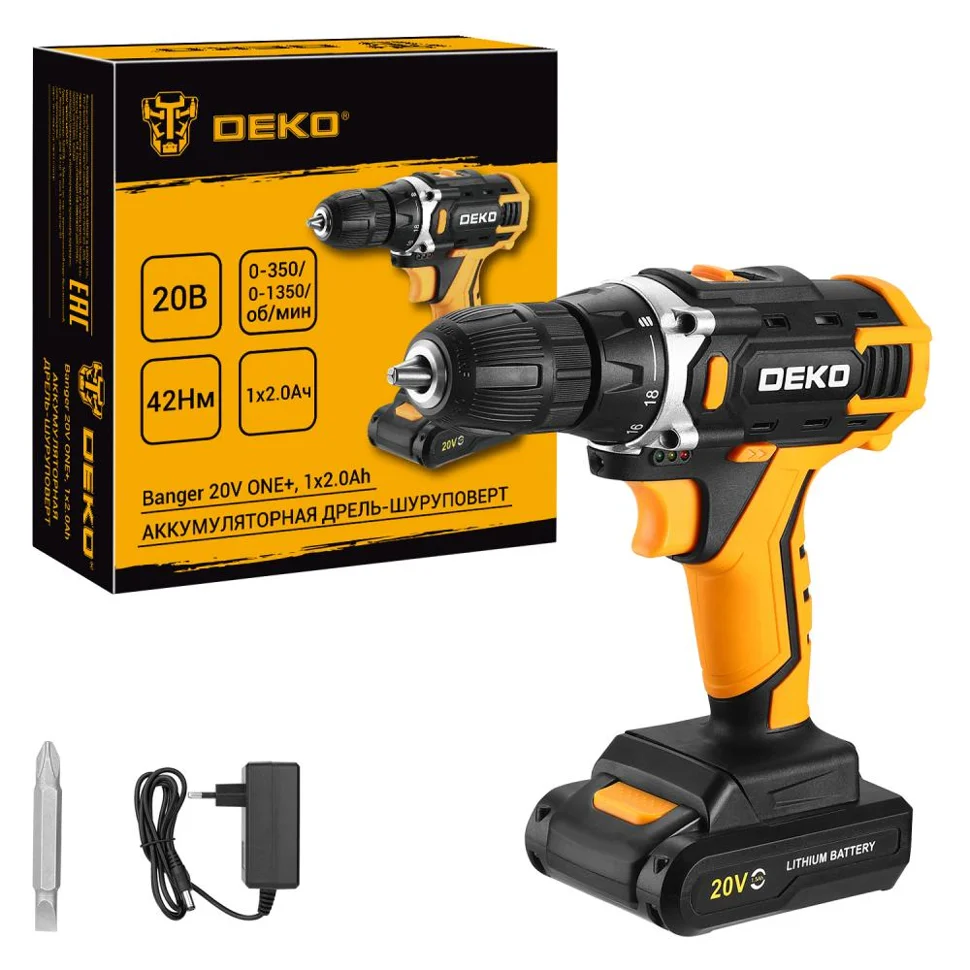 Дрель-шуруповерт аккумуляторная DEKO Banger 20V ONE+, 1х2.0Ач