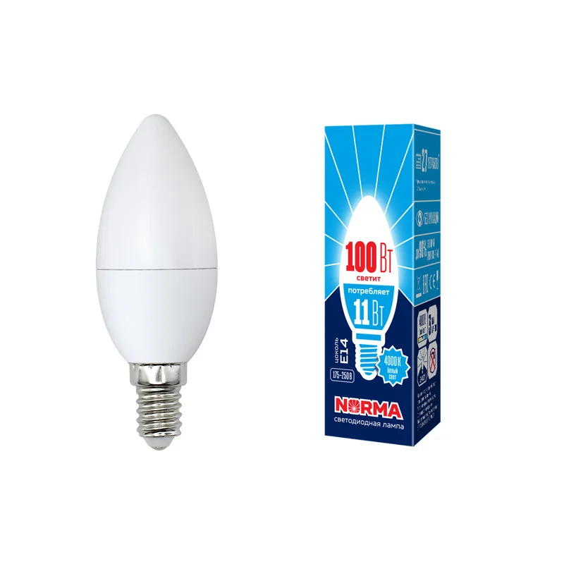 Лампа светодиодная 11W E14 220V 4000К 900Лм (белый) Свеча матовый (C37) Volpe Norma