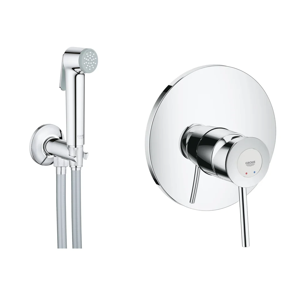Набор гигиенический GROHE BAU CLASSIC (смеситель, c угл. вентилем, шланг) (хром)
