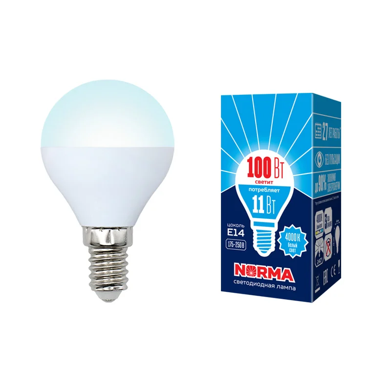 Лампа светодиодная 11W E14 220V 4000К 900Лм (белый) Шарик матовый (G45) Volpe Norma