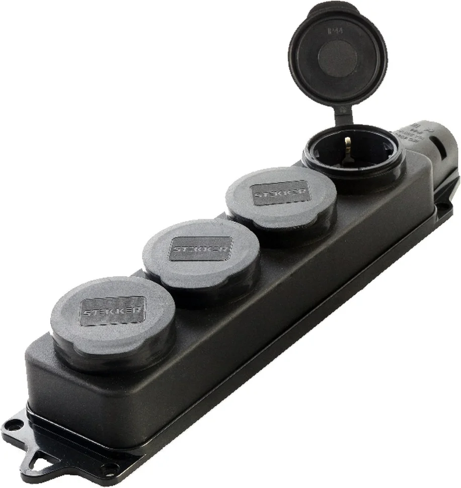 Колодка каучуковая с заземлением 4 гнезда 16А IP44 черная Китай STEKKER RST16-24-44