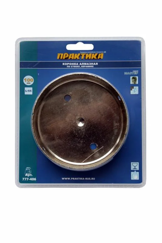 Коронка алмазная по стеклу и керамике D=100 мм, ПРАКТИКА "Мастер", блистер