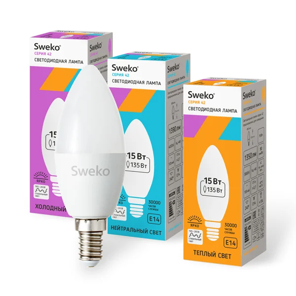 Лампа светодиодная 15Вт E14 220В 3000K 1370Лм (теплый) Свеча (C35) Sweko 42 серия 42LED-C35-15W-230-3000K-E14