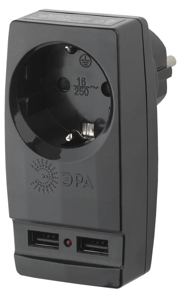 Адаптер с заземлением 1 гнездо 16А черный Китай ЭРА + 2xUSB (SP-1e-USB-B)