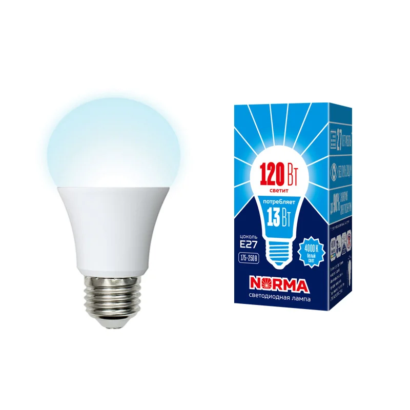 Лампа светодиодная 13W E27 220V 4000К 1050Лм (белый) Шар матовый (A60) Volpe Norma