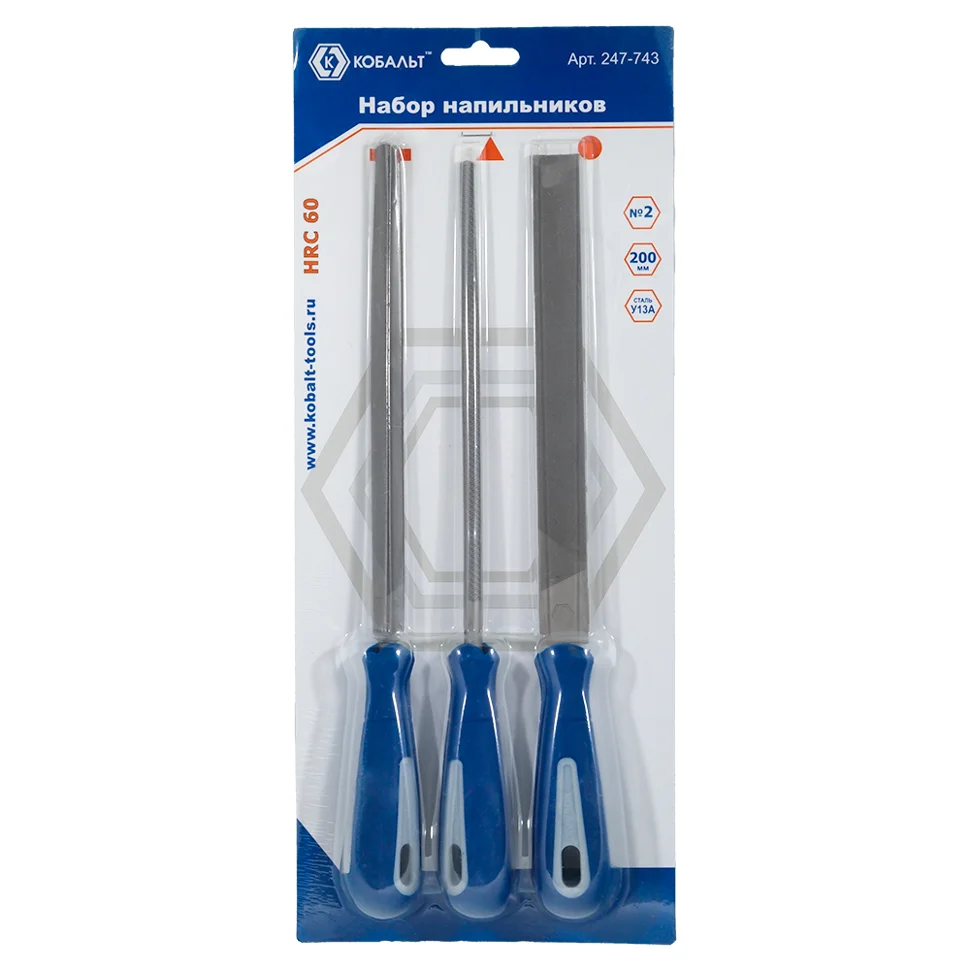 Набор напильников 200 мм, КОБАЛЬТ № 2, двухкомпонентная рукоятка, (3 шт.) блистер