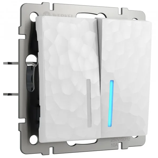 Выключатель двухклавишный СП Werkel Hammer проходной с подсветкой белый, W1222101