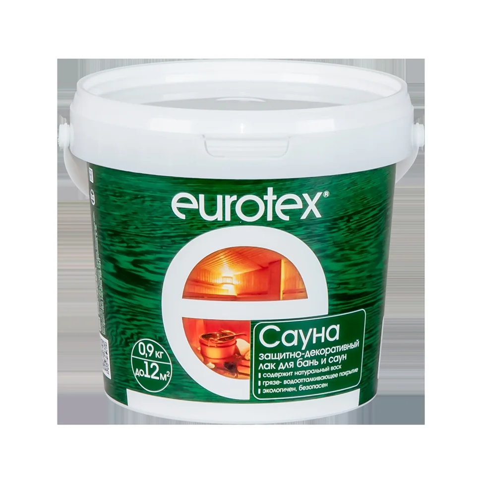 Лак EUROTEX - САУНА 0,9кг (+150C с воском) ( Т-ра перевозки не ниже +5град)