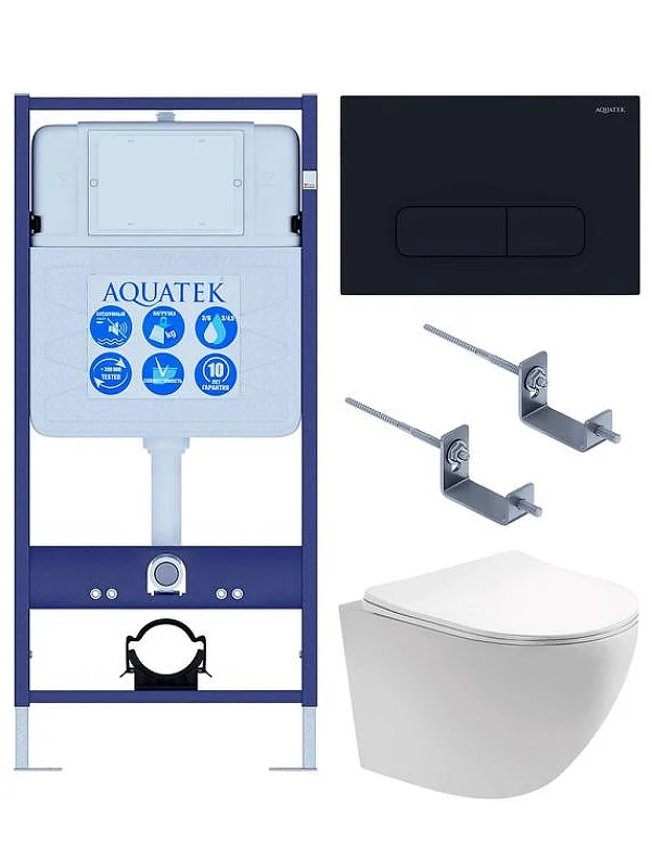Унитаз подвесной AQUATEK ЕВРОПА безободковый (AQ1901-00) 525*360*320мм с инсталляцией, с тонким сиденьем микролифт, с крепежом, с кнопкой KDI-0000017
