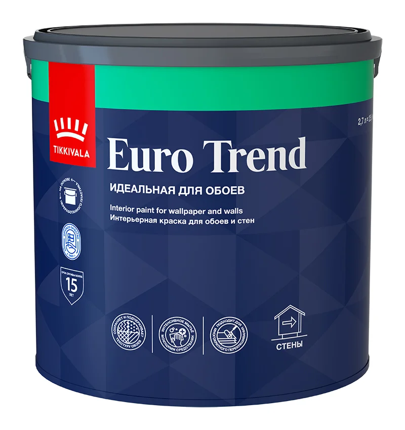 Краска ВД интерьерная для обоев и стен матовая Tikkivala (Tikkurila) EURO TREND База А 2,7л