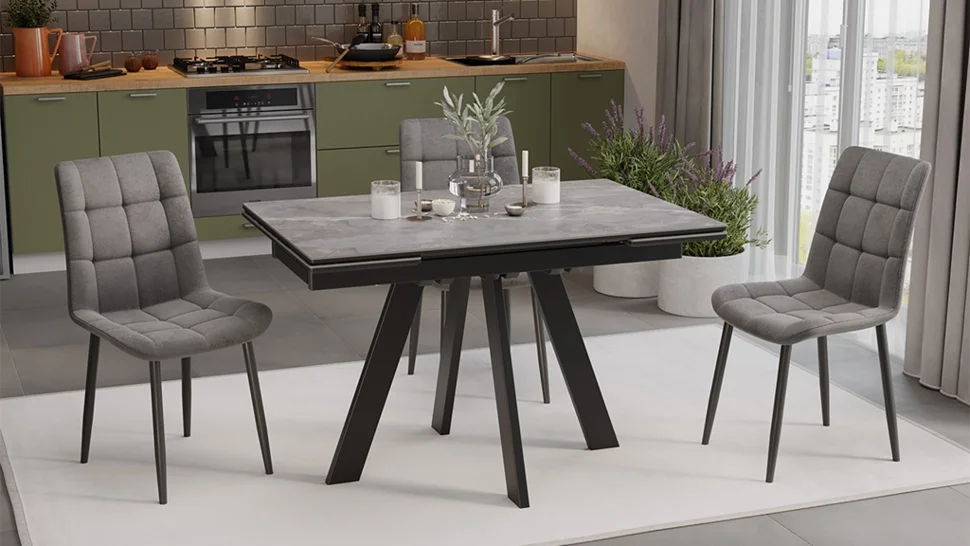 Стол обеденный раздвижной Джаггер Тип 1 1200*(1803)*770*800 (Черный муар/Керамика матовая серый мрамор)