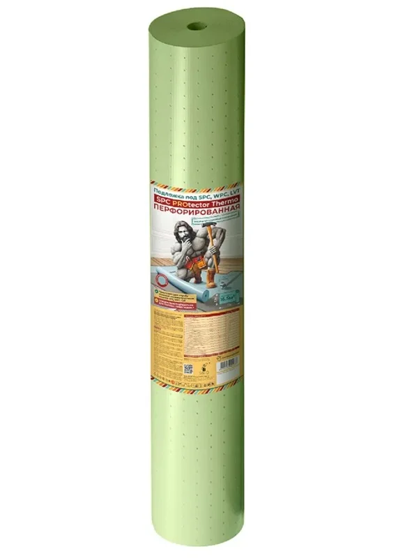 Подложка SPC PROtector Termo 1мм размер 1.1*15м (16,5м2) перфорированная для теплых полов LVT, SPC, WPC, зеленая