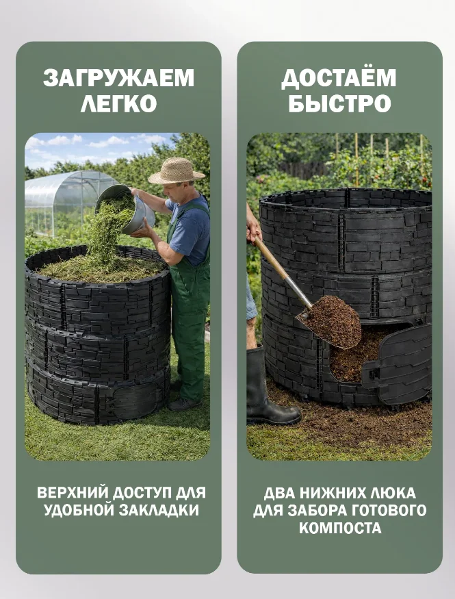 Компостер садовый «Бастион» усиленный, черный (люк черный) с черной крышкой, 1210 л