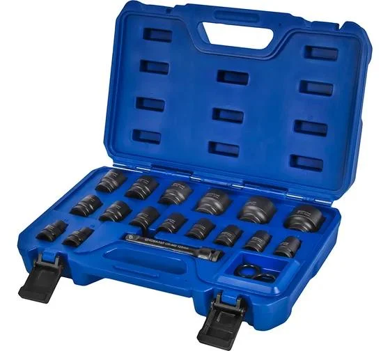Набор головок торцевых ударных КОБАЛЬТ 1/2", 21 ПРЕДМЕТ: головки 16 шт. (10 - 32 мм), удл-ль, 2 кольца, 2 штифта, CR-MO, кейс