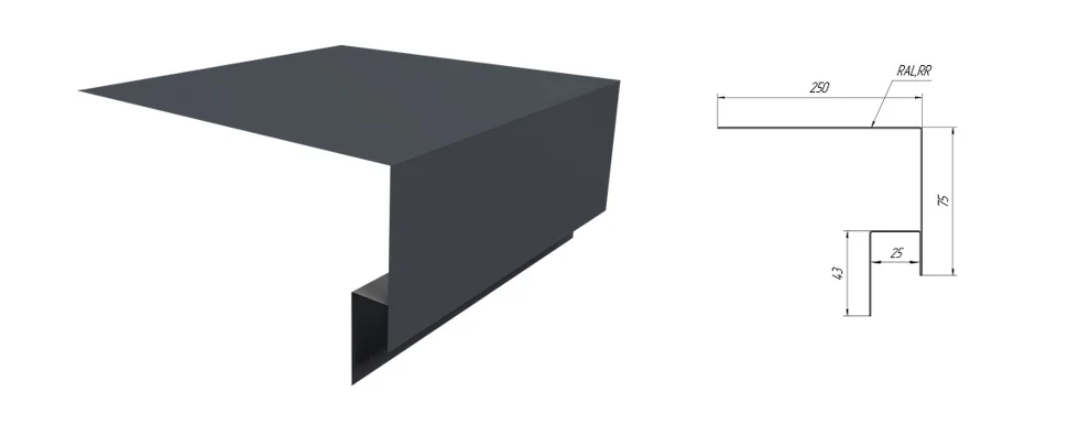Планка околооконная сложная Drap TX RAL ** для М/сайдинга ЭкоБрус, 0.45мм, 250*75*3м.п.