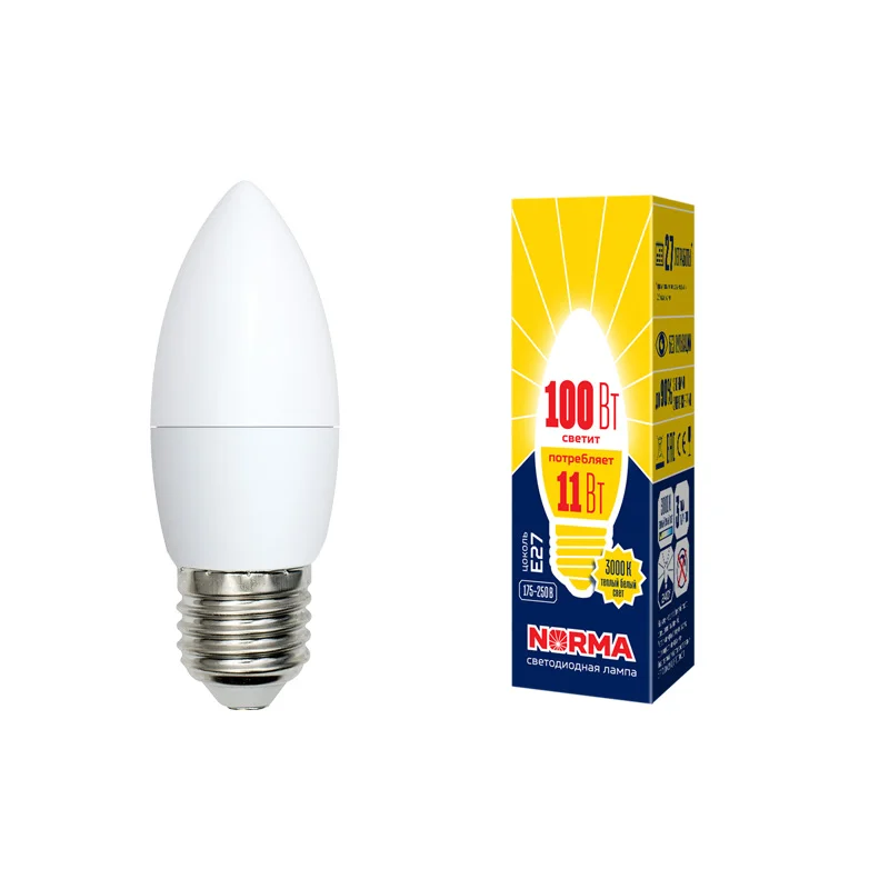 Лампа светодиодная 11W E27 220V 3000К 900Лм (теплый белый) Свеча матовый (C37) Volpe Norma