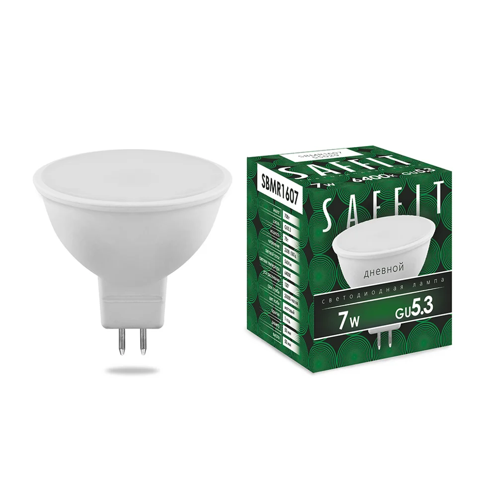 Лампа светодиодная 7W G5.3 (MR16) 230V 6400K 560Лм (дневной) SAFFIT, SBMR1607