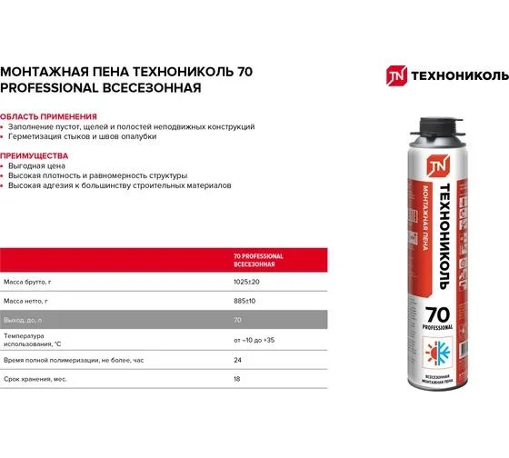 Пена монтажная профессиональная ТЕХНОНИКОЛЬ 70 PROFESSIONAL всесезонная 1000 мл