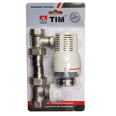 Термокомплект TIM (термоклапан прямой с колпачком вн/нар, клапан запорный прямой вн/нар, термостатическая головка) 1/2"