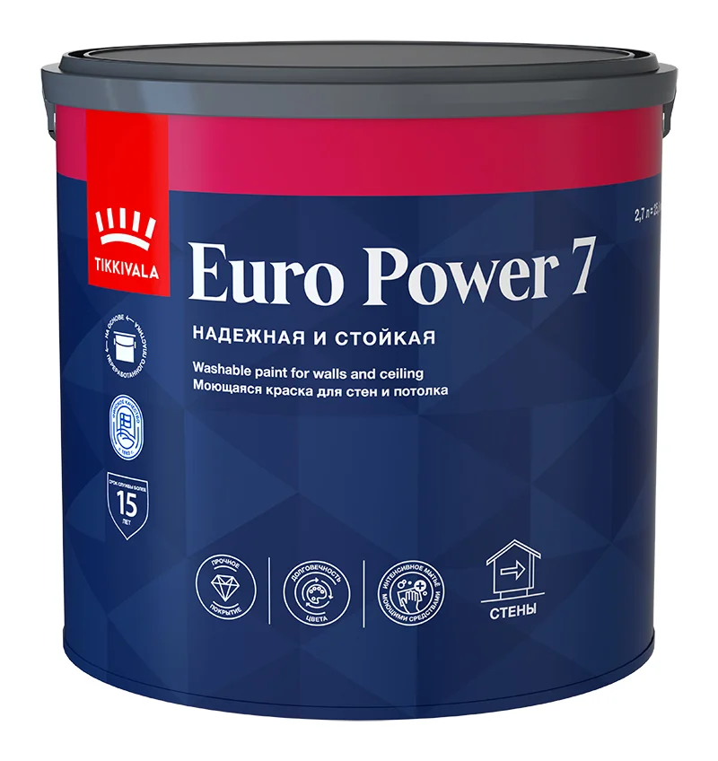 Краска ВД интерьерная моющаяся матовая Tikkivala (Tikkurila) EURO POWER 7 База А 2,7л
