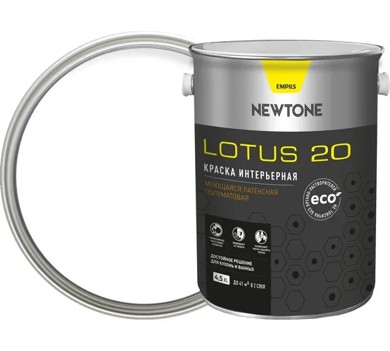 Краска ВД интерьерная моющаяся латексная полуматовая (База A) NEWTONE LOTUS 20 4 л (5,1кг)