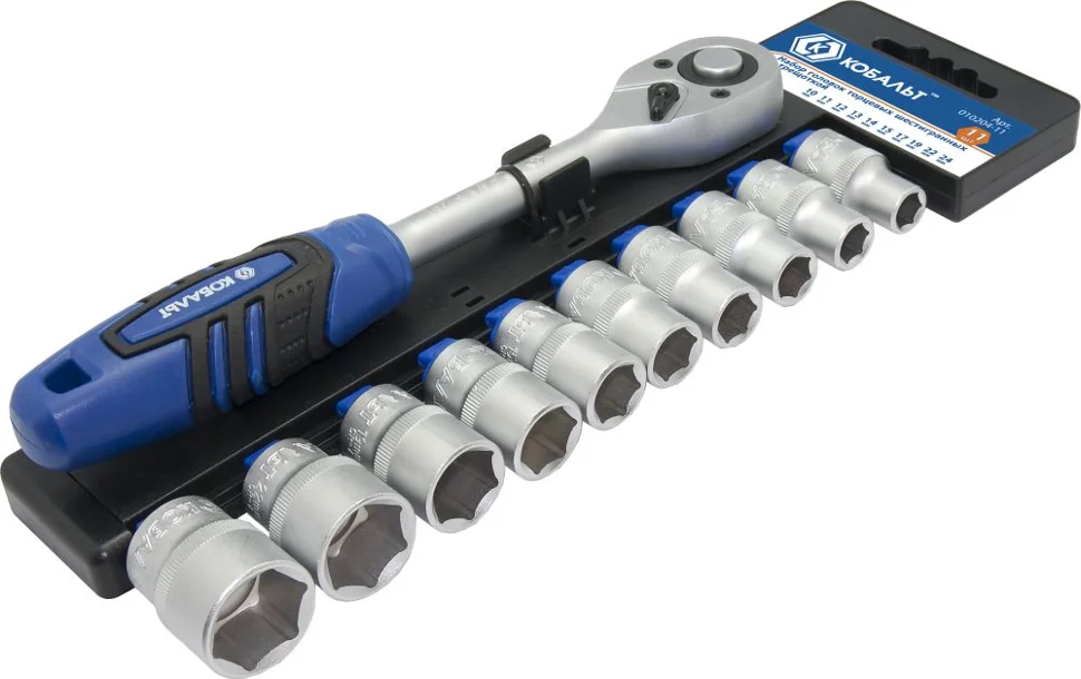 Набор головок торцевых КОБАЛЬТ с трещоткой 1/2" 10, 11, 12, 13, 14, 15, 17, 19, 22, 24 мм Cr-V (11 шт.) подвес