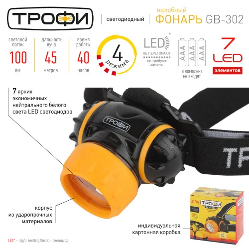 Фонарь налобный Трофи GB-302 3Вт, 7xLED, 3хААА, карт