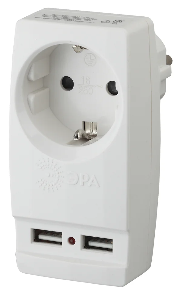 Адаптер с заземлением 1 гнездо 16А белый Китай ЭРА + 2xUSB (SP-1e-USB-W)