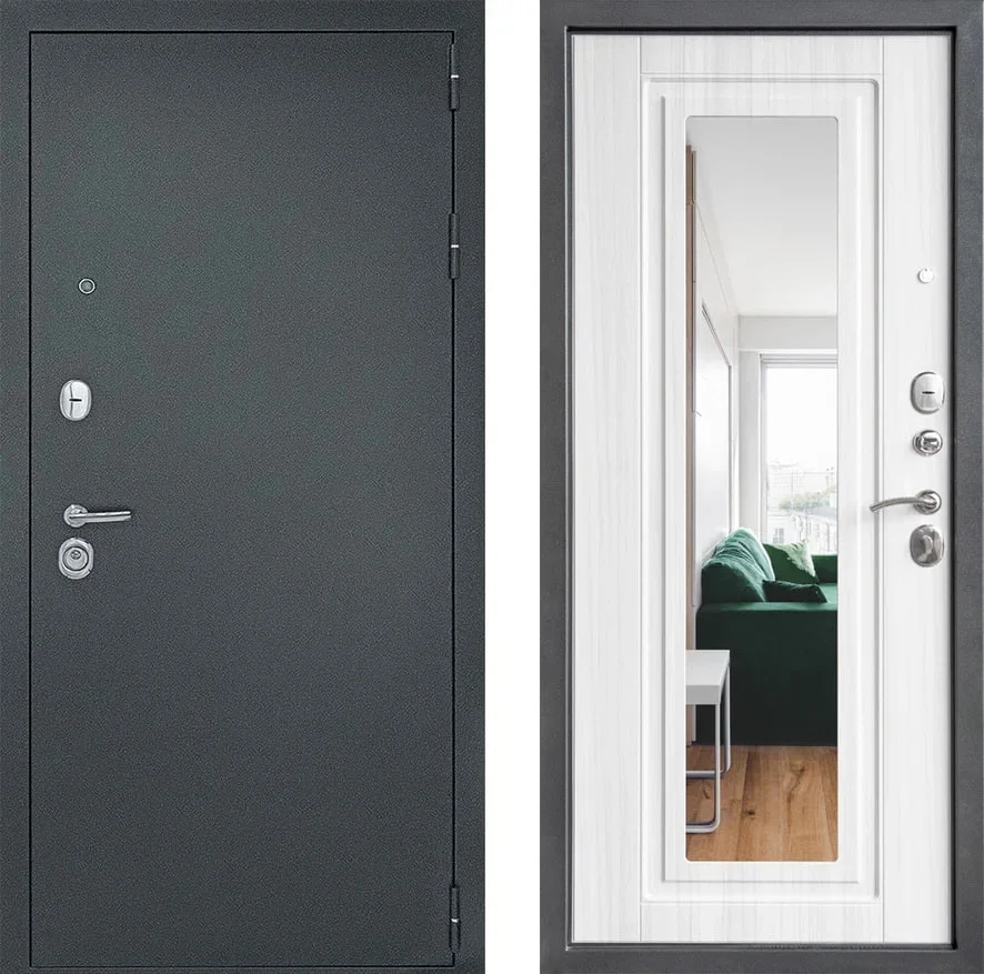 Дверь мет. ДВЕРНОЙ КОНТИНЕНТ Гарант-1 (Рубикон) зеркало 960х2050 "Л" Металл серебро антик/МДФ сандал белый