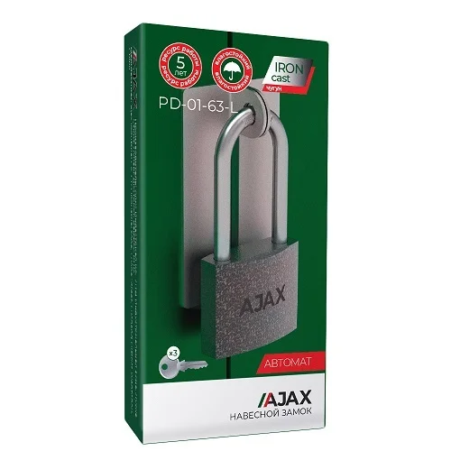Замок навесной AJAX PD-01-63-L 3 англ. ключа (длин. дужка)