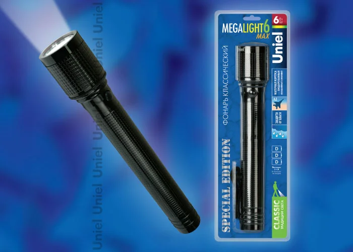 Фонарь ручной Uniel Стандарт &#171;Mega Light-6 max &#187;, алюминиевый корпус, 6 Watt Led, 3хD, черный, S-LD017-C Black